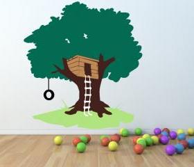 Tree House with Tire Swing Large Nursery Playroom Mural Vinyl Wall Decal 65'W x 71'H 22258